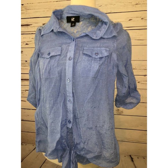 IZ Byer XS Extra Small Tie Front Shirt Blouse Lace Knot Blue Womans Sexy Y2K - Picture 5 of 8